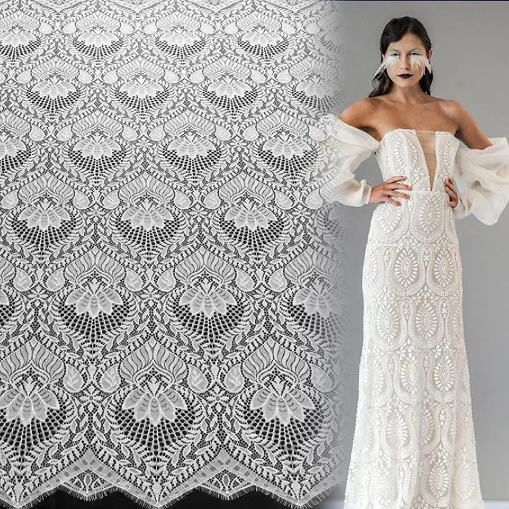 9076Yanzi vestido de novia personalizado de lujo tissu en dentelle francés tul encaje Chantilly tela de encaje de pestañas
