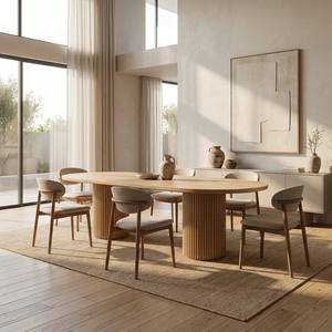 Tavolo da Pranzo Ovale in Rovere Massello Importato, Stile Wabi-Sabi Moderno con Scanalature Verticali, per 6 Persone, Ideale per Cucina Familiare - Product Image 3
