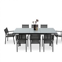 Table à manger moderne sur mesure fabriquée en Chine, très vendue, avec plateau en verre, structure en aluminium, facile à nettoyer, ensemble de 6 chaises