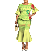 Setelan Dua Potong Wanita Motif Bunga Tribal Hawaii 2026, Atasan Lengan Pendek Ruffle, Rok Mermaid Puletasi