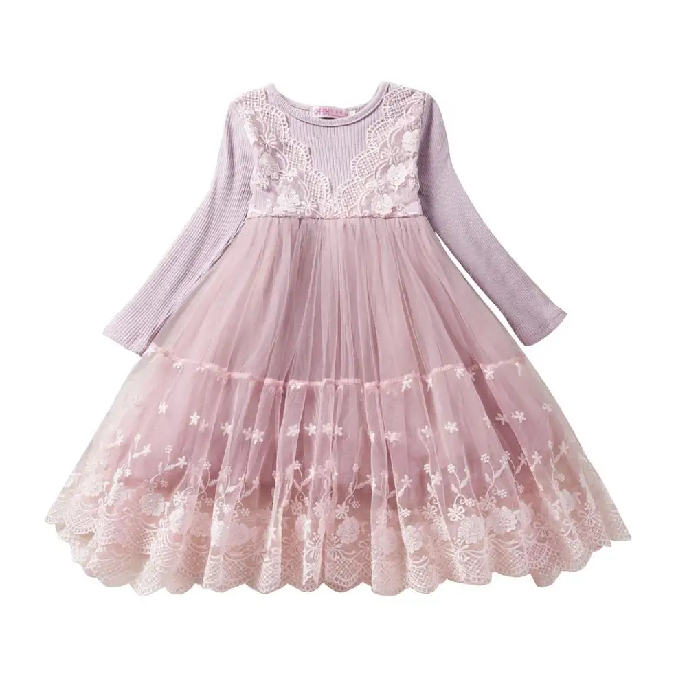 Boutique de moda fabricantes venta al por mayor otoño princesa de encaje de punto manga larga niñas niños vestido de niños