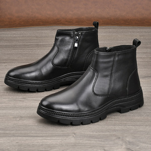 Bottes de neige pour hommes en cuir véritable, bout rond, doublure en fourrure, semelle extérieure en caoutchouc, chaudes pour l'hiver, antidérapantes, semelle intermédiaire en EVA - Product Image 2