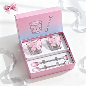 女の子用ピンクのリボン付き手吹きガラス製朝食用水・お茶・ジュース・牛乳用マグカップギフト、高ホウケイ酸ガラス製ピンクの蝶柄グラス - Product Image 2