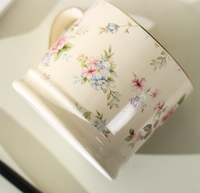 Taza de Cerámica de Porcelana Fina con Diseño de Borde Dorado de Lujo, Estilo Nórdico, Estampado Floral, Ecológica, con Asa, Libre de BPA, Resistente al Calor