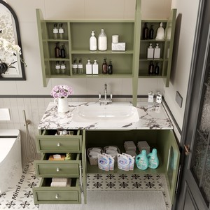 Conjunto de Muebles de Baño de Pared de Alta Gama en Madera de Caucho de Estilo <span class=keywords><strong>Retro</strong></span> Francés con <span class=keywords><strong>Lavabo</strong></span> de Piedra Sinterizada y Mueble Colgante - Product Image 5