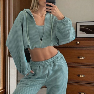 ชุดวอร์มฮู้ดดี้ผ้าวาฟเฟิลสำหรับผู้หญิง คุณภาพพรีเมียม พร้อมโลโก้สั่งทำพิเศษ ชุด 3 ชิ้น เสื้อแจ็คเก็ตซิปเต็มตัว กางเกงขายาวสไตล์ฮิปฮอป เหมาะสำหรับฤดูใบไม้ร่วง - Product Image 1