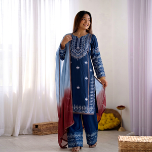 Ensemble Salwar Kameez brodé bleu pour femmes, tenue traditionnelle indienne et pakistanaise avec dupatta, coupe classique, pour les occasions spéciales - Product Image 1