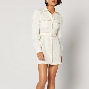 Mini robe en lin 100% pour femmes manches longues avec revers boutonné en épingle Ceinture <span class=keywords><strong>amovible</strong></span> en tissu avec boucle boutonnée robe - Product Image 5