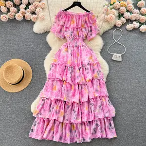 Popularity Summer Sexy One Line Neck Strapless Holiday Dress Ruffled Long Chiffon Floral Dress