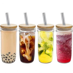 Transparent Drinking Tumbler With Bamboo Lids and Glass Straw 4-Piece Set 24Oz <b>Can</b> Shaped Iced <b>Coffee</b> & Beer Glasses - Product Image 3