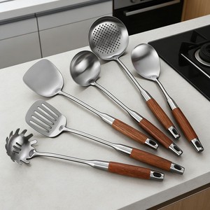 Stainless Steel Kitchen Utensil Set 5 Pieces Heavy Duty Wooden Handle Spatula Ladle Slotted Spoon Cooking Tools - Product Image 2