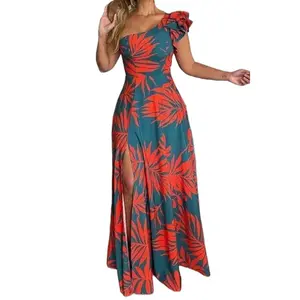 Summer Tropical Holiday Boho Dress for Women 2023 New Sexy One-shoudler Leaf Print Maxi Long Dress Casual Sundress