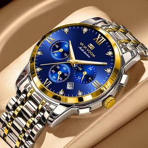 Montre de luxe pour homme avec accent doré, cadran bleu, bracelet en acier inoxydable, montre-bracelet pour messieurs - Product Image 1