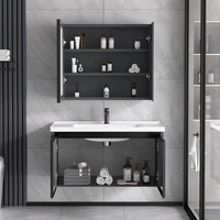 Meuble de salle de bain moderne et minimaliste en profilé d'aluminium Meuble sous-vasque mural à DEL avec bassin en céramique, dalle de roche et miroir