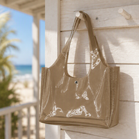 Sac fourre-tout en PVC semi-transparent brillant gris fumé, sac de transport en vinyle à fermeture ouverte, logo personnalisé OEM, sac d'été imperméable
