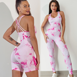 Vente en gros de combinaisons d'entraînement sexy teintées à motifs sans couture pour femmes, shorts et leggings de yoga personnalisés à bretelles dans le dos - Product Image 1