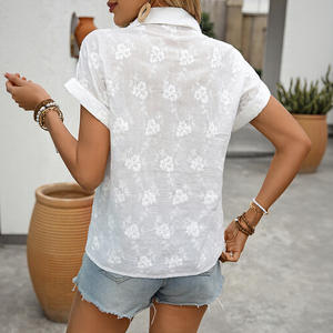 Camiseta <span class=keywords><strong>de</strong></span> Verano <span class=keywords><strong>para</strong></span> <span class=keywords><strong>Mujer</strong></span>, Simple, <span class=keywords><strong>de</strong></span> Encaje, Color Sólido, Casual, con Cuello en V, Bordada, Estilo Europeo y Americano - Product Image 3