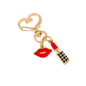 2023 Wholesale Zinc Alloy Gold Rhinestone Red Lip Keychain Charm For Sexy Women Bag Key Chain