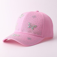 Casquette de baseball papillon à strass thermocollés, mignonne et scintillante, à visière incurvée, réglable, pour filles, vente en gros OEM