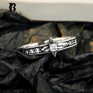 Unico Design annerimento Vintage S925 anello di apertura regolabile in <span class=keywords><strong>argento</strong></span> puro con petali di zircone da donna - Product Image 1