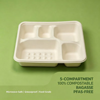 Barquette alimentaire en bagasse à 5 compartiments, sans PFAS, compostable, en pulpe de canne à sucre, jetable, pour la restauration