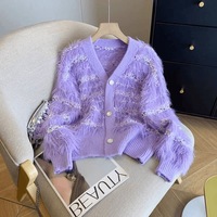 Cardigan tricoté décontracté pour femme, col en V, style vintage, en fausse fourrure de vison, manches longues, coupe ample, avec volants, écoresponsable, pour la maternité