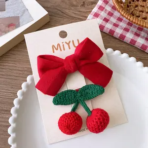 2PCS Set Red Cloth Plaid Bow Embroidered Flowers Cherry Hair Clips For Girl Cute Happy Sweet Hairpin Barrettes Fashion Headwear