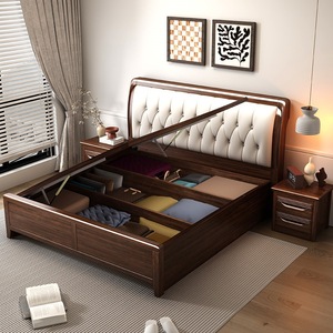 Lit double en bois massif rembourré 1,8m x 2m avec coffre de rangement haut pour chambre parentale - Product Image 4