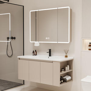 Cream Bathroom Vanity Cabinet with Smart LED Mirror Cabinet <b>Side</b> Cabinet Ceramic Integrated Sink - Product Image 1