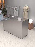Comptoir de réception minimaliste en MDF argenté brossé pour magasin de vêtements, boutique de prêt-à-porter féminin, petit bureau de réception oblong