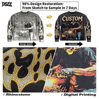 T-shirt unisexe ample vintage style motard à manches longues, avec motif 3D effet superposé crâne et flammes, style gothique grunge streetwear, orné de strass, OEM ODM