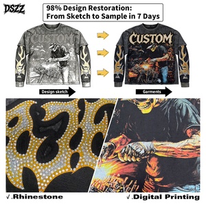 <span class=keywords><strong>T</strong></span>-<span class=keywords><strong>shirt</strong></span> Unisex Vintage Stile Biker a Maniche Lunghe con Grafica 3D Teschio e Fiamme Effetto Stratificato, Stile Gotico Grunge Streetwear con Strass - OEM ODM - Product Image 2