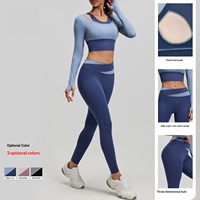 Nouvel ensemble de yoga color block effet deux pièces, tenue de fitness Pilates longue et moulante sans couture, vêtements de sport personnalisables avec logo pour femme