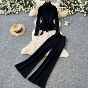 Conjunto <span class=keywords><strong>de</strong></span> punto <span class=keywords><strong>de</strong></span> 2 piezas para <span class=keywords><strong>mujer</strong></span>, otoño-invierno: Top <span class=keywords><strong>de</strong></span> cuello alto con trenzas y pantalones acampanados acanalados con cinturón. - Product Image 3