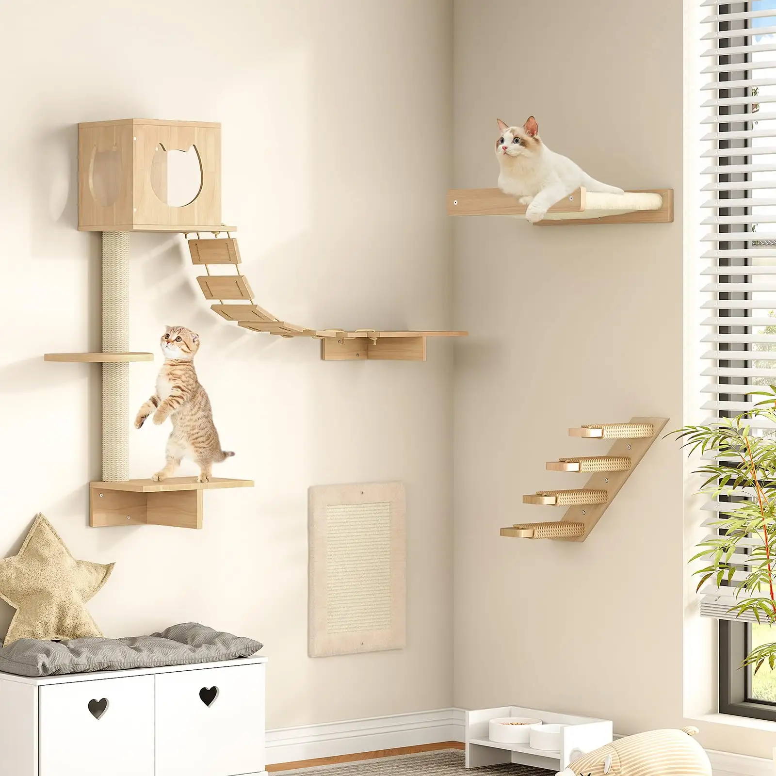 رفوف متينة لتسلق القطط مجموعة أثاث حائطية للقطط مجموعة ألعاب منزلية أرجوحة معلقة رفوف خشبية مخصصة للحائط للقطط