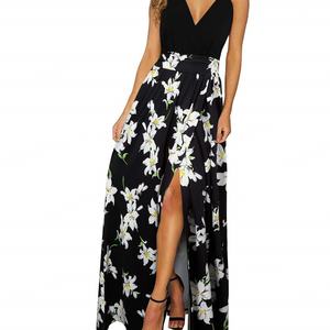 Vestido largo de chifón con estampado floral y cuello en V para mujer, sin espalda, sexy, casual, con abertura, sin mangas, estilo A-line, ideal para la playa. - Product Image 4