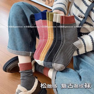 Slouch Socks Women Striped Retro Color Block Autumn Winter Sweat Absorbing Casual Style Regular Fit - Product Image 3