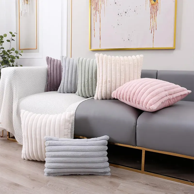 Hot Solid Color Faux Fur Home Throw Pillow Covers Decorative Striped Cushion Cover For Chair And Couch Pillowcase