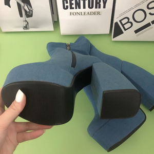 New Fashion Luxury Designs Chunky Heels Zipper Denim Blue Platform <b>Boots</b> for Women and Ladies 2025 - Product Image 3