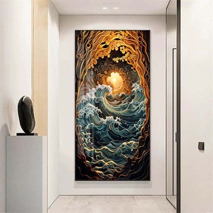 Art mural en carreaux de cristal style Ukiyo-e japonais - Coucher de soleil doré sur les vagues - Décoration murale océanique style Kanagawa - <span class=keywords><strong>Peinture</strong></span> sur cristal pour <span class=keywords><strong>la</strong></span> maison - Product Image 3