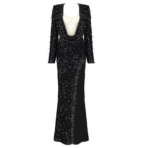 A5225 2024 nuovi arrivi <span class=keywords><strong>abito</strong></span> da donna con <span class=keywords><strong>paillettes</strong></span> <span class=keywords><strong>nero</strong></span> e collo a V Maxi abiti eleganti a spacco alto - Product Image 3