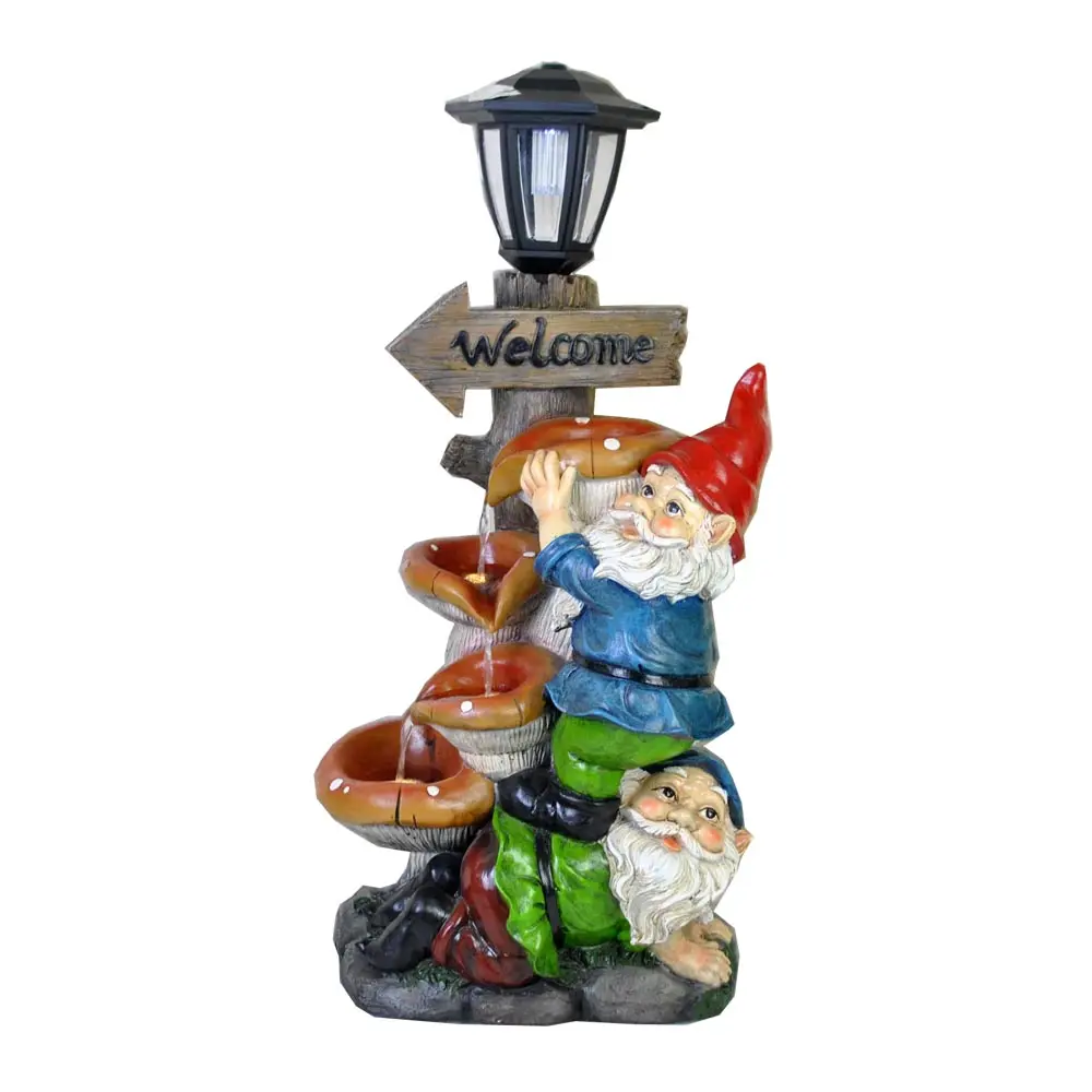 Gnome Dekoratif Resin dengan Lampu Surya dan Air Mancur Taman Jamur Tumpuk