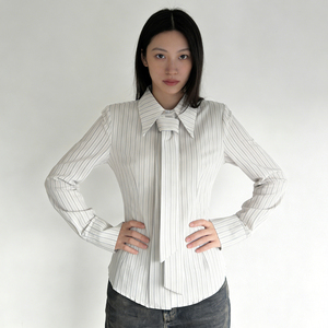European and American Style Women's Woven Button Shirt 2025 Autumn Casual Office Wear Striped <b>Tie</b>-Front Long Sleeve Blouse - Product Image 3