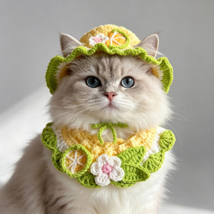 Set Cappello e Bavaglino per Animali Domestici, Lavorato a Mano all'Uncinetto in Lana, per Gatti e Cani, con design Rana, Ape, Piccola Paperella, Fungo, Stile Instagram - Product Image 1
