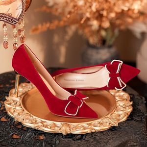 8777H-058 Pointed Toe Suede Pumps <b>Red</b> Stiletto Heel <b>Bow</b> Decoration Bridal Wedding Shoes - Product Image 3