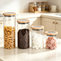 Pot de conservation en verre rond transparent en borosilicate de haute qualité avec couvercle en bois pour la conservation des aliments, disponible en 1800 ml, 1500 ml, 1100 ml et 700 ml