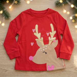 Lote de Excedentes de Envío de Bangladesh: Camiseta de Algodón Cálido para Niña con Rayas y Lindo Estampado de Ciervo, Etiqueta de Marca, 1500 2/3-15/16 - Product Image 3