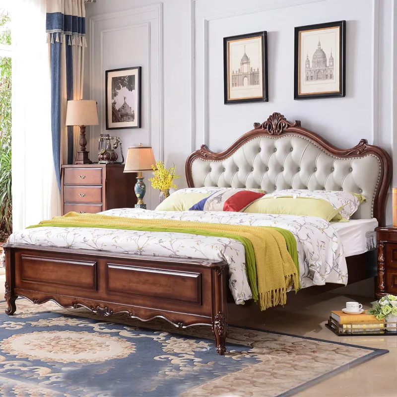 Juego de muebles de dormitorio de estilo clásico para el hogar, marco de cama antiguo de tamaño doble King Queen, camas de cuero de diseño tallado en madera maciza