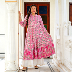 Women's Geometric Printed Rayon Anarkali Kurti Women's Plus Size Kurta Turn Down Collar 3/4 Sleeves Premium Wear Pink Colour - Product Image 1