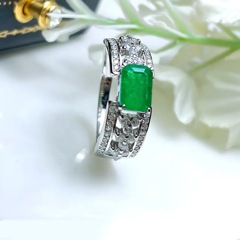 Anel de noivado grande robusto esmeralda diamante CZ pedras anel de prata personalizado